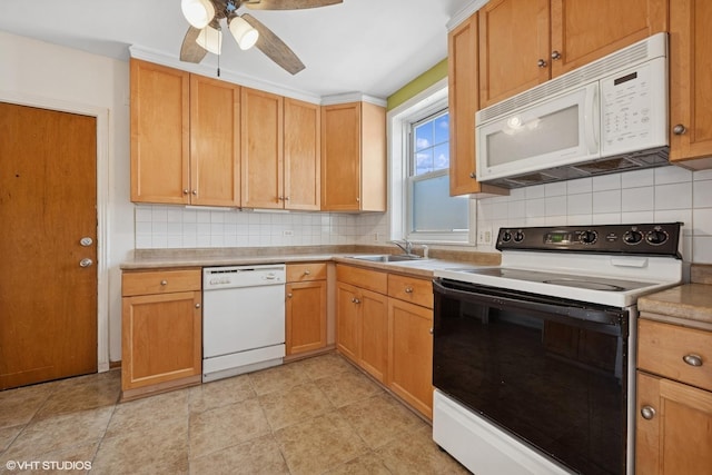 2424 W Farragut Ave Unit 3B, Chicago, IL 60625 - kitchen featuring white appliances, tasteful backsplash, a ceiling fan, and light countertops