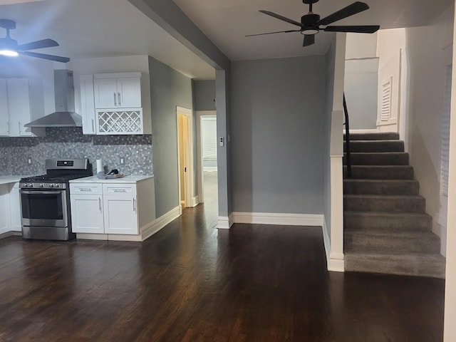 8629 S Union Ave, Chicago, IL 60620 - kitchen featuring wall chimney exhaust hood, stainless steel gas range, a ceiling fan, and dark wood-style floors