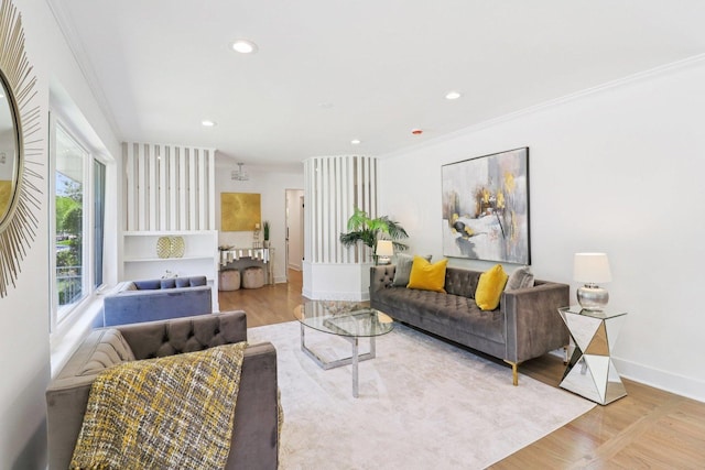 7248 N Kildare Ave, Lincolnwood, IL 60712 - living room with recessed lighting, wood finished floors, and crown molding