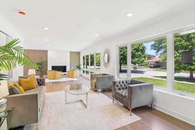 7248 N Kildare Ave, Lincolnwood, IL 60712 - living area featuring ornamental molding, wood finished floors, and recessed lighting
