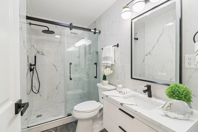 7248 N Kildare Ave, Lincolnwood, IL 60712 - bathroom featuring a marble finish shower, marble finish flooring, vanity, and tile walls