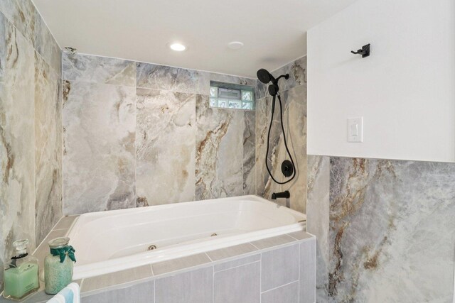 7248 N Kildare Ave, Lincolnwood, IL 60712 - bathroom featuring tile walls and a combined bath / shower with jetted tub