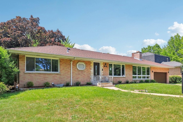 7248 N Kildare Ave, Lincolnwood, IL 60712 - ranch-style home with brick siding, an attached garage, a front lawn, a chimney, and a shingled roof