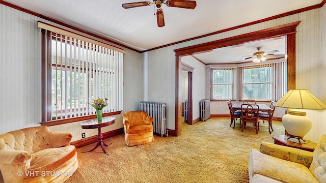 1320 Oak Park Ave, Berwyn, IL 60402 - carpeted living area with radiator heating unit, ceiling fan, ornamental molding, and healthy amount of natural light