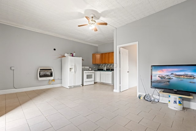 2713 W 24th Pl, Chicago, IL 60608 - unfurnished living room with heating unit, a ceiling fan, and light tile patterned floors