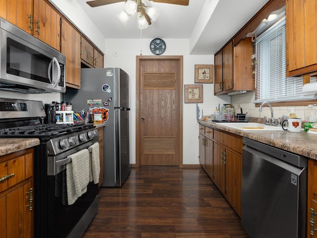 33 E Hickory St Unit A, Lombard, IL 60148 - kitchen featuring appliances with stainless steel finishes, ceiling fan, dark wood-type flooring, and brown cabinets