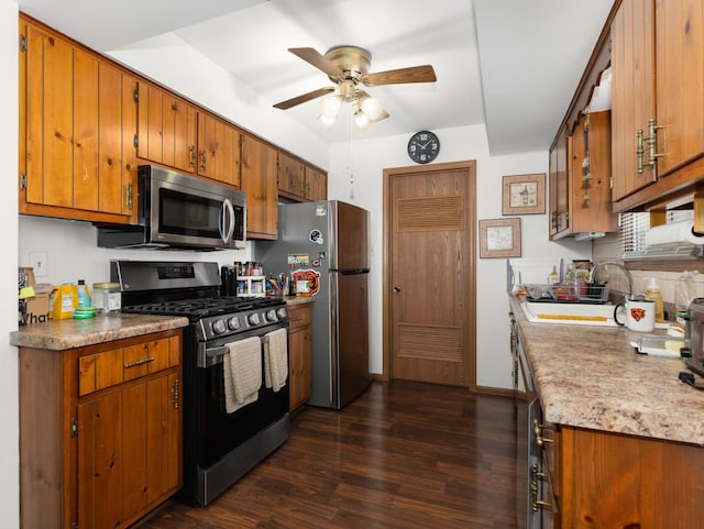 33 E Hickory St Unit A, Lombard, IL 60148 - kitchen with appliances with stainless steel finishes, ceiling fan, brown cabinets, and dark wood-style floors