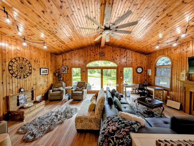 1274 N Cooper Rd, New Lenox, IL 60451 - living area with lofted ceiling, wooden walls, wood ceiling, a ceiling fan, and hardwood / wood-style flooring