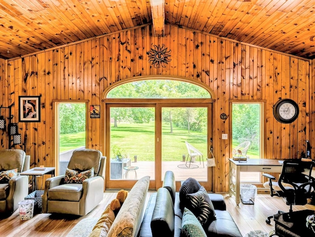 1274 N Cooper Rd, New Lenox, IL 60451 - living room featuring wood walls, wood ceiling, hardwood / wood-style flooring, lofted ceiling, and healthy amount of natural light