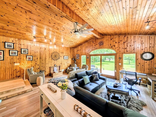 1274 N Cooper Rd, New Lenox, IL 60451 - living room featuring wooden walls, wood ceiling, wood-type flooring, and a ceiling fan