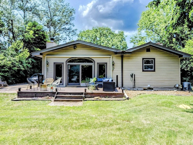 1274 N Cooper Rd, New Lenox, IL 60451 - rear view of house with a deck, a chimney, outdoor lounge area, and a lawn