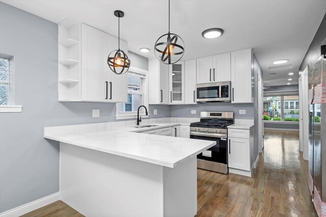 7133 S Honore St, Chicago, IL 60636 - kitchen featuring appliances with stainless steel finishes, a peninsula, healthy amount of natural light, dark wood-style flooring, and recessed lighting
