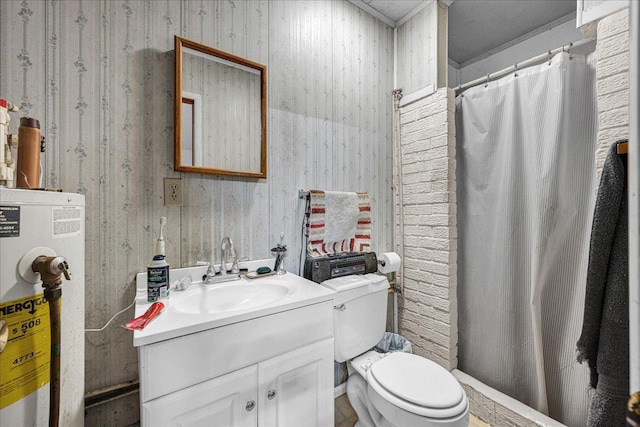 708 N 1950th Rd, Tonica, IL 61370 - full bath with water heater, vanity, wallpapered walls, and a shower with curtain