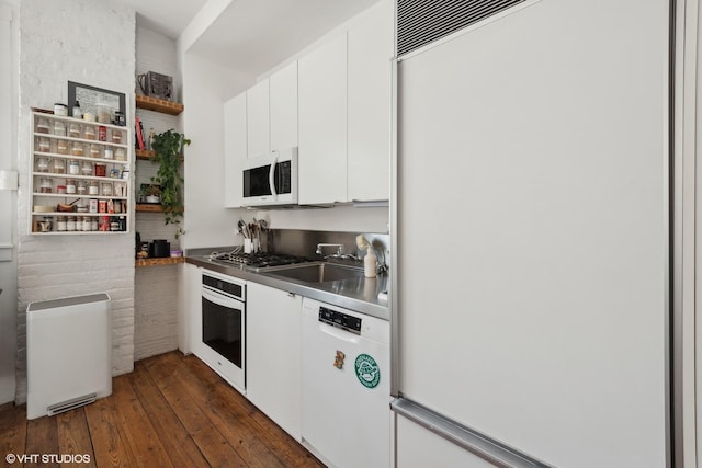 2635 Poplar Ave, Evanston, IL 60201 - kitchen with white appliances, white cabinets, dark wood-style floors, and open shelves