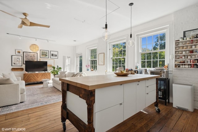 2635 Poplar Ave, Evanston, IL 60201 - kitchen with butcher block counters, rail lighting, white cabinets, and hardwood / wood-style floors