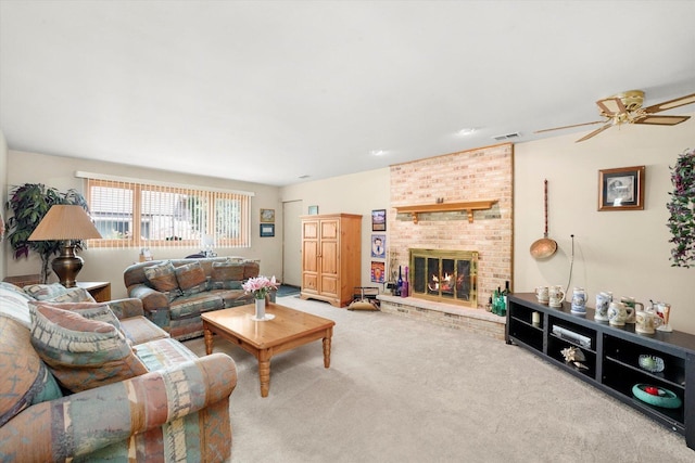 9242 Pembrooke Ln, Orland Park, IL 60462 - carpeted living room with a fireplace and ceiling fan