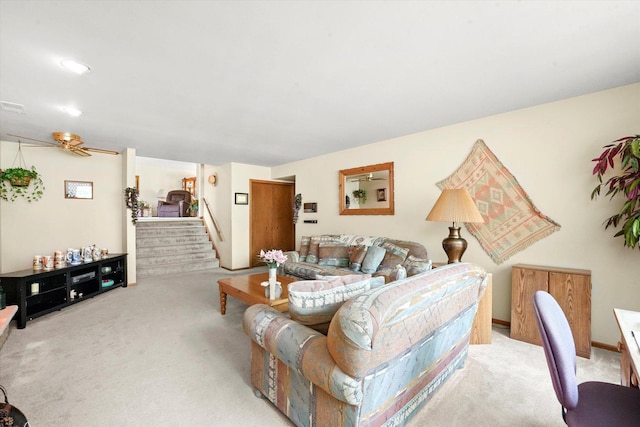 9242 Pembrooke Ln, Orland Park, IL 60462 - living area featuring light carpet, stairs, and a ceiling fan
