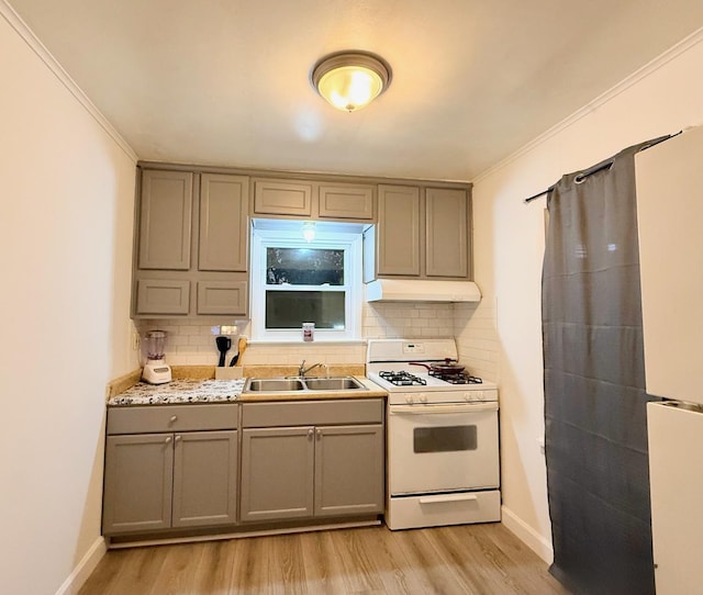 1318 Pine Grove Ave, Round Lake Beach, IL 60073 - kitchen with white range with gas cooktop, gray cabinetry, under cabinet range hood, light wood-style flooring, and ornamental molding