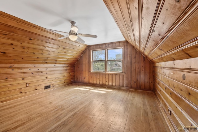 7220 S Spaulding Ave, Chicago, IL 60629 - bonus room featuring hardwood / wood-style flooring, wood walls, vaulted ceiling, and a ceiling fan