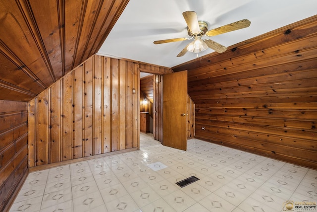 7220 S Spaulding Ave, Chicago, IL 60629 - bonus room featuring wood walls, lofted ceiling, wood ceiling, light flooring, and ceiling fan