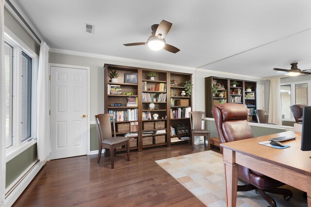1060 Highland Ave, Lake Forest, IL 60045 - office space featuring a baseboard heating unit, a ceiling fan, dark wood finished floors, crown molding, and built in features
