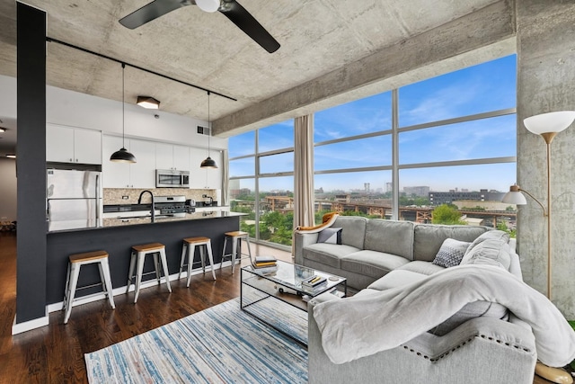 1620 S Michigan Ave Unit 601, Chicago, IL 60616 - living room featuring dark wood-type flooring, a ceiling fan, and a view of city