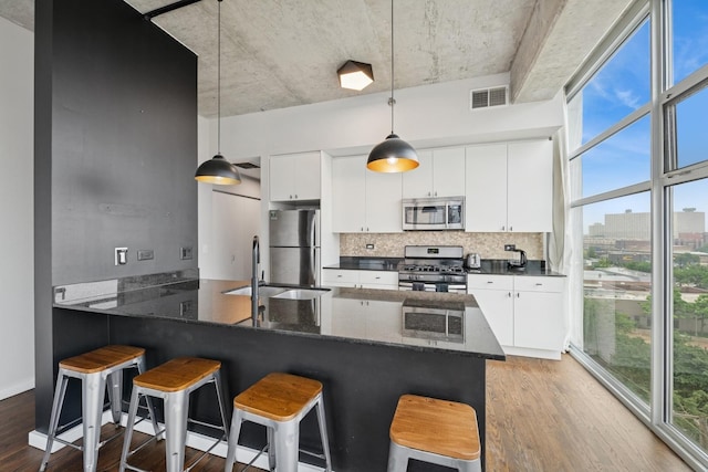 1620 S Michigan Ave Unit 601, Chicago, IL 60616 - kitchen featuring appliances with stainless steel finishes, light wood finished floors, decorative backsplash, and a peninsula