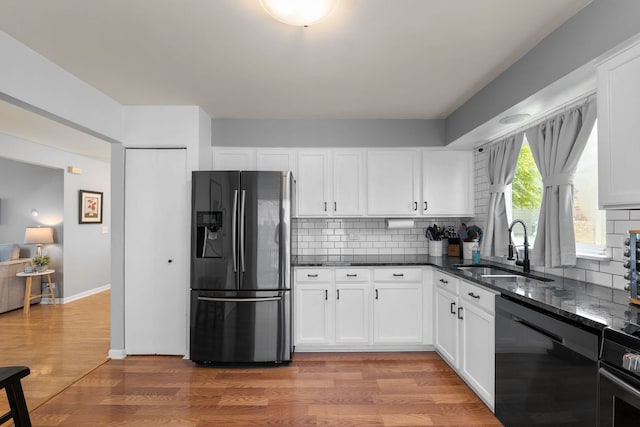 1361 Amherst Ct, Grayslake, IL 60030 - kitchen featuring stainless steel fridge with ice dispenser, dishwasher, light wood finished floors, decorative backsplash, and white cabinets