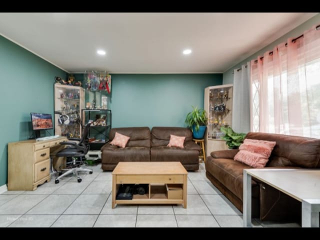 5112 Deerpath Rd, Oak Forest, IL 60452 - living room featuring light tile patterned flooring, recessed lighting, and a desk