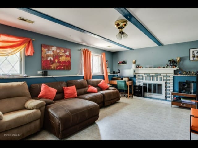 5112 Deerpath Rd, Oak Forest, IL 60452 - living room featuring a brick fireplace and beamed ceiling