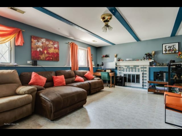 5112 Deerpath Rd, Oak Forest, IL 60452 - living area with a brick fireplace and beamed ceiling