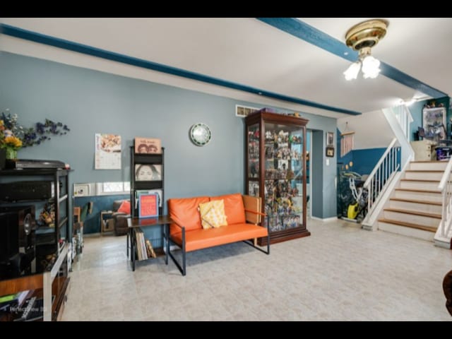 5112 Deerpath Rd, Oak Forest, IL 60452 - living area featuring stairs and a ceiling fan