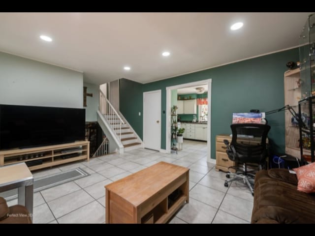 5112 Deerpath Rd, Oak Forest, IL 60452 - living area featuring tile patterned floors, stairway, and recessed lighting