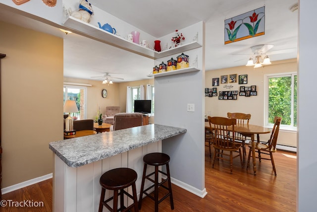1056 N Mill St Unit 305, Naperville, IL 60563 - kitchen with a ceiling fan, dark wood-type flooring, a kitchen breakfast bar, and a peninsula