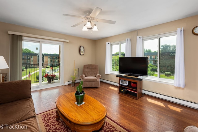 1056 N Mill St Unit 305, Naperville, IL 60563 - living area featuring wood finished floors, a baseboard heating unit, a baseboard radiator, and ceiling fan