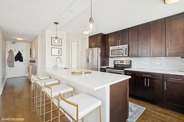 2626 N Lakeview Ave Unit 2012, Chicago, IL 60614 - kitchen featuring appliances with stainless steel finishes, a kitchen breakfast bar, dark wood-style flooring, and dark brown cabinetry