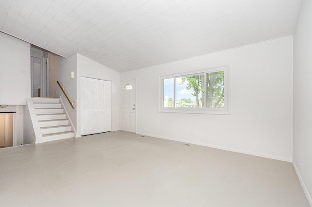 3020 Timber Hill Ct, Aurora, IL 60504 - unfurnished living room with stairway and vaulted ceiling