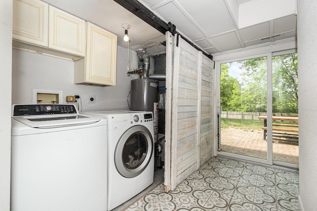 3020 Timber Hill Ct, Aurora, IL 60504 - laundry room featuring cabinet space, washer and dryer, water heater, and wooden walls