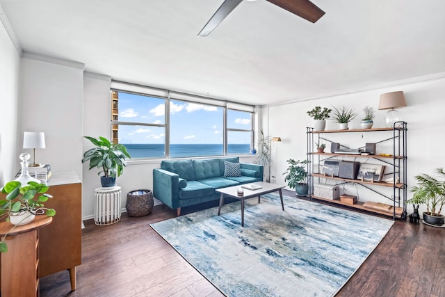 6301 N Sheridan Rd Unit 7N, Chicago, IL 60660 - living room featuring wood finished floors, a water view, a ceiling fan, and crown molding