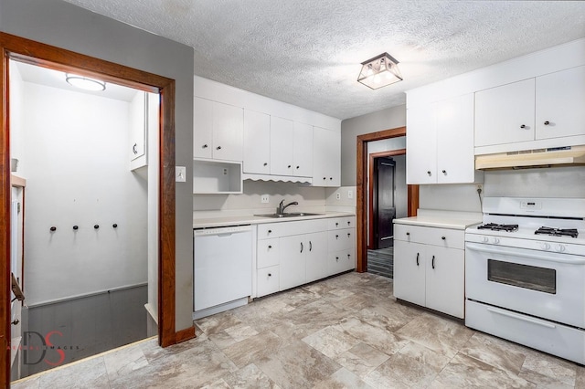 305 W 3rd St, Streator, IL 61364 - kitchen featuring white appliances, under cabinet range hood, light countertops, white cabinetry, and a textured ceiling