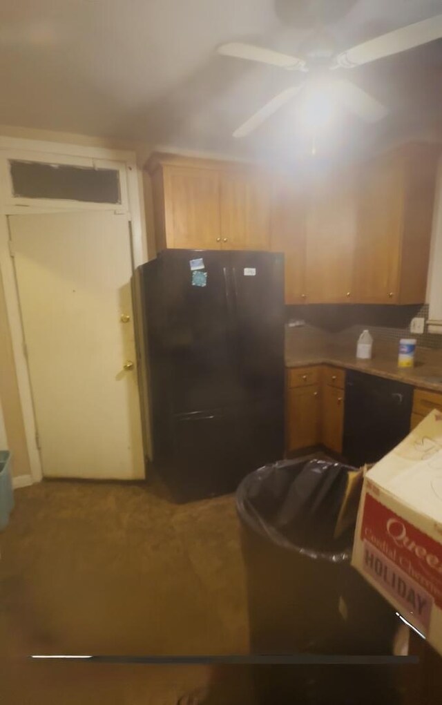 5341 S Aberdeen St, Chicago, IL 60609 - kitchen with freestanding refrigerator, black dishwasher, light countertops, and a ceiling fan