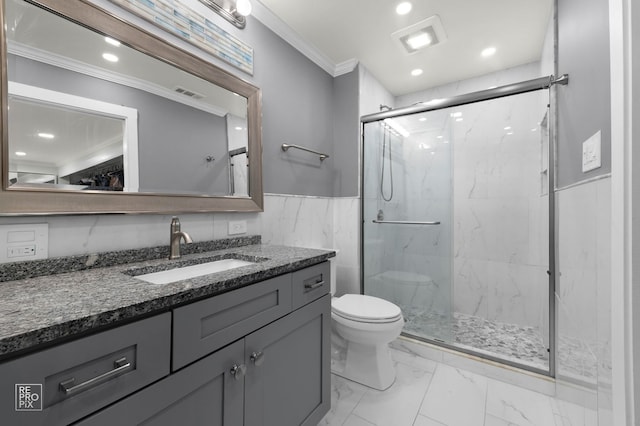 11210 Sycamore Ln Unit 61D, Palos Hills, IL 60465 - bathroom featuring ornamental molding, marble finish floors, vanity, a marble finish shower, and wainscoting