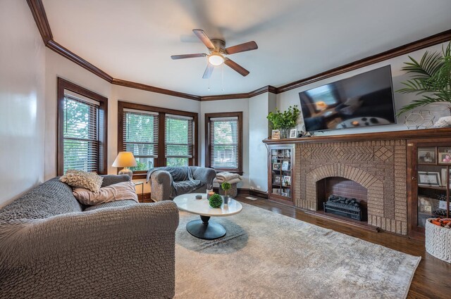 4018 N Maplewood Ave, Chicago, IL 60618 - living area with ceiling fan, wood finished floors, a fireplace, and crown molding