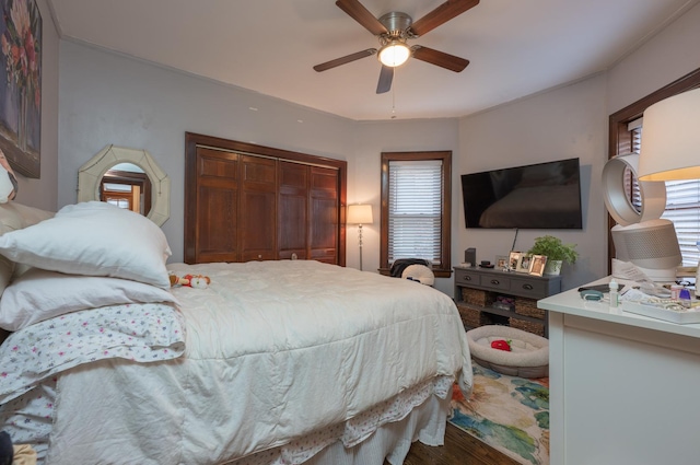 4018 N Maplewood Ave, Chicago, IL 60618 - bedroom with wood finished floors, ceiling fan, and a closet