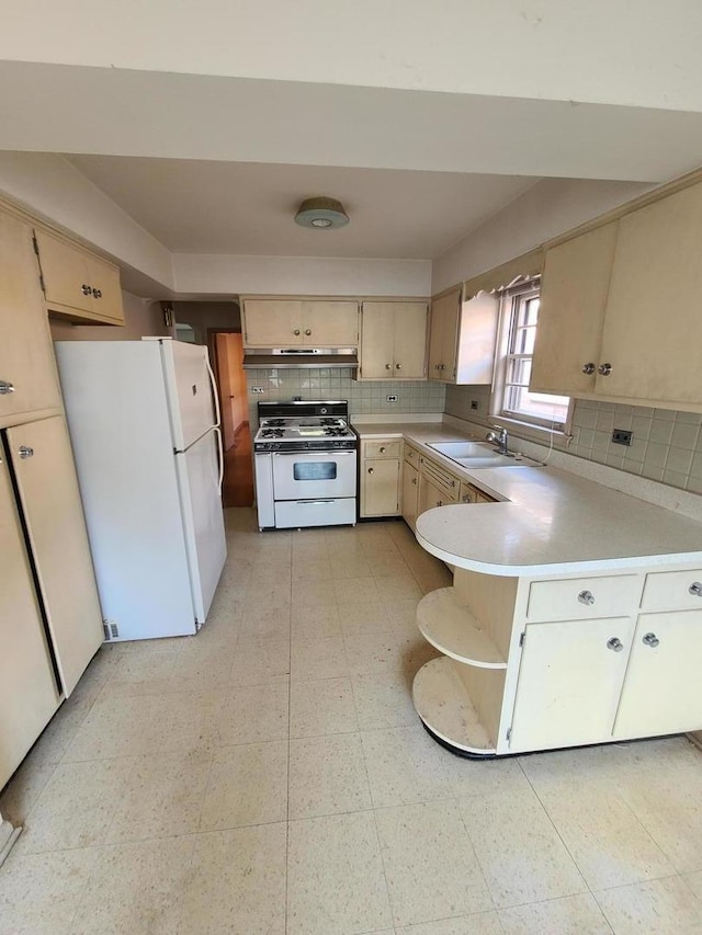 7528 W Winnemac Ave, Harwood Heights, IL 60706 - kitchen featuring white appliances, under cabinet range hood, light countertops, backsplash, and light floors