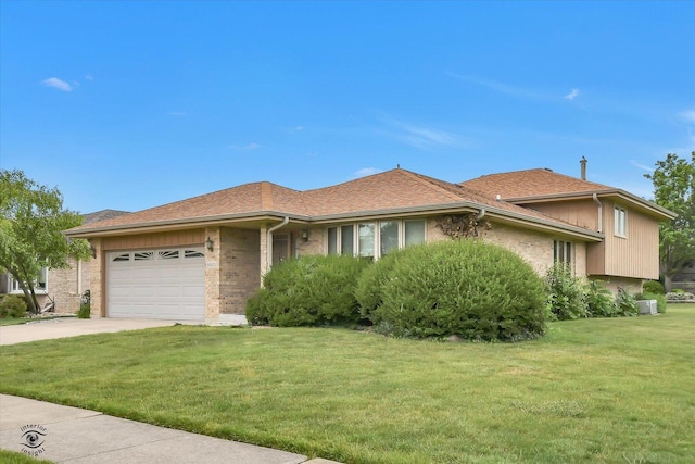 8820 Meadowview Dr, Orland Hills, IL 60487 - ranch-style home featuring an attached garage, a front yard, concrete driveway, brick siding, and a shingled roof