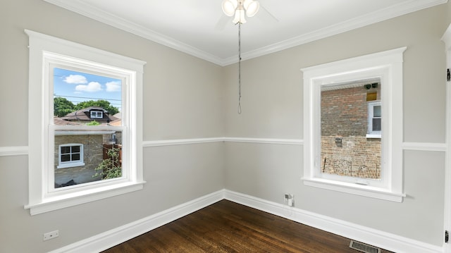 1836 Cuyler Ave, Berwyn, IL 60402 - unfurnished room featuring dark wood-type flooring, ornamental molding, and ceiling fan