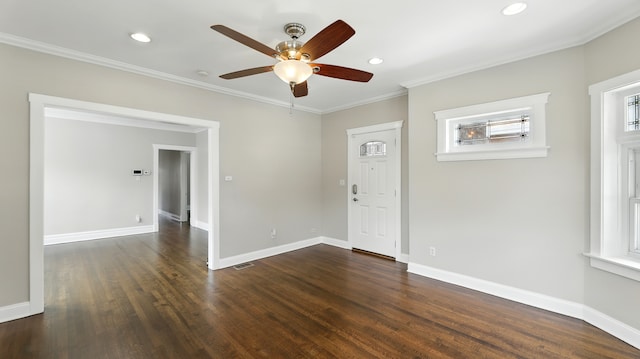 1836 Cuyler Ave, Berwyn, IL 60402 - spare room featuring a ceiling fan, crown molding, dark wood-style floors, and recessed lighting