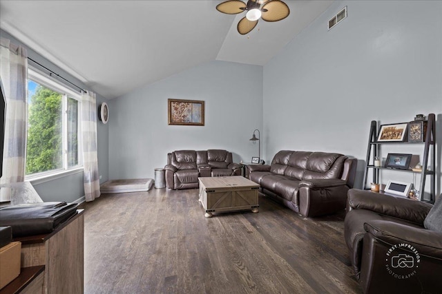 4756 Flanders Ct, Plainfield, IL 60586 - living room featuring a ceiling fan, vaulted ceiling, and dark wood-type flooring