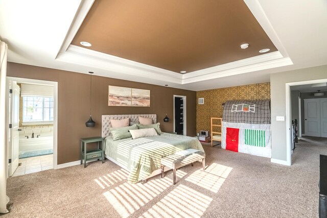 14924 S Case St, Plainfield, IL 60544 - bedroom with a raised ceiling, carpet, crown molding, ensuite bathroom, and recessed lighting